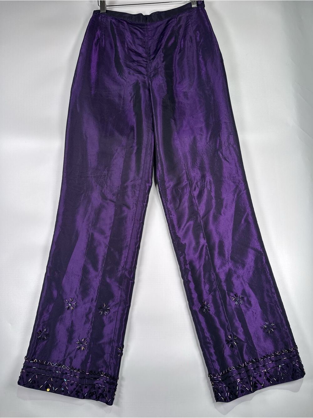 SILX Straight Leg Pants Beaded Hem High Waist Iridescent Silk Purple 4P - Picture 2 of 13